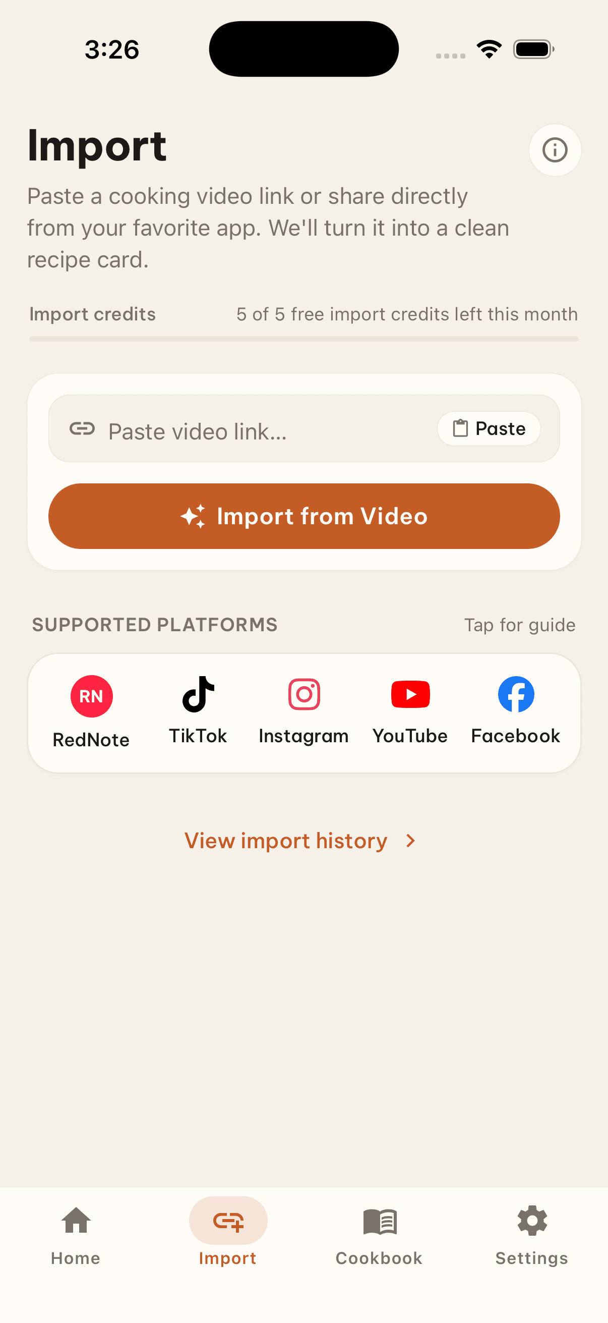 ChaoFanCard Import screen with public video link entry and supported platforms
