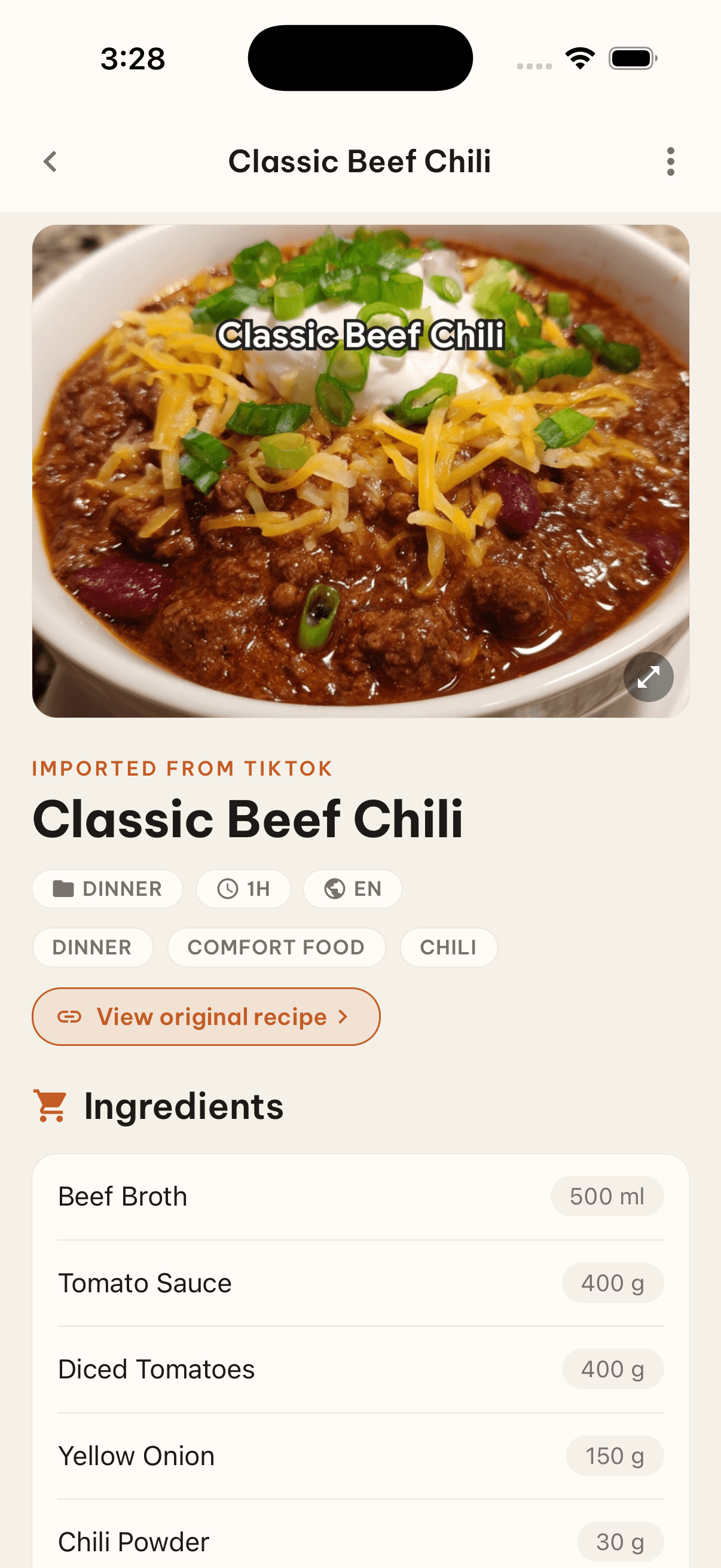 ChaoFanCard recipe screen showing Classic Beef Chili and its ingredients