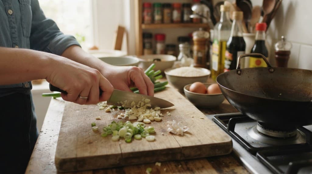 Illustrative cooking video still showing garlic and scallions being prepared beside a wok